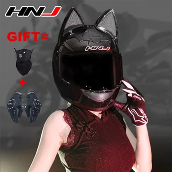 2 Подарка Мотоциклетный шлем HNJ Full Face Moto Шлем с кошачьими ушками, индивидуальный шлем для мотокросса, велосипедный каск для скоростного спуска для мужчин и женщин