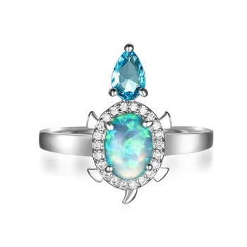 Симпатичное кольцо с сине-белым опалом, Радужный кристалл, Капля воды, Овальное кольцо в виде черепахи, Серебряные Обручальные кольца с животными для женщин