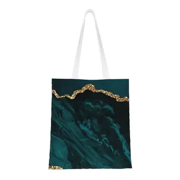 Изготовленная на заказ холщовая хозяйственная сумка с текстурой бирюзового и золотого агата, женская многоразовая сумка для покупок с геометрическими узорами, сумки для покупок-тоут