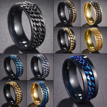 Модное обручальное кольцо из черного вольфрама, кольца-прядильщики на стальной цепочке для мужчин и женщин, Женские кольца с двойными звеньями, Ювелирные изделия