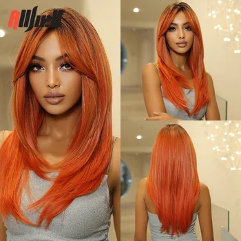 Парики из прямых синтетических натуральных волос средней длины с оранжевой подсветкой и челкой для чернокожих женщин, косплей-вечеринки, термостойкие