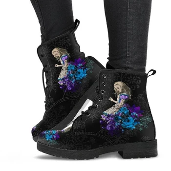 Женские осенне-зимние ботинки из искусственной кожи с готическим принтом, модные ботильоны с цветочным рисунком в виде черепа кролика Алисы