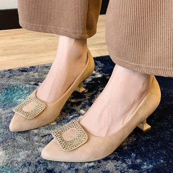 Женские французские туфли-лодочки из флока с металлической пряжкой Crytal, маленькие женские туфли на высоком тонком каблуке, большие размеры 36-45, рабочая женская обувь с острым носком, 2020