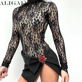 Aligaia, новинка 2023 года, Сексуальные кружевные боди, женские прозрачные облегающие черные топы с длинным рукавом, женская уличная одежда, наряды для ночных клубов.