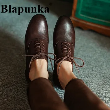 Blapunka/ женские туфли на плоской подошве из натуральной кожи на шнуровке, черно-коричневые туфли-дерби с круглым носком, женская осенне-зимняя обувь, повседневная обувь 40