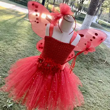 Платье феи с красной бабочкой для маленьких девочек, детское блестящее Тюлевое платье, наряд для детей На День рождения, Хэллоуин, Рождественские костюмы, праздничное платье