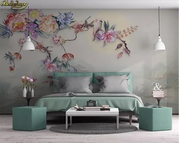 фотообои beibehang на заказ, ручная роспись цветов и птиц, пейзаж на фоне телевизора, декоративная роспись стен