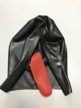 Металлическая черная латексная фетиш-маска с капюшоном и красным презервативом для рта, изготовленная на заказ