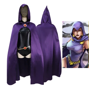 Teen Titans Raven Косплей Костюм Комбинезон Фиолетовый Плащ с капюшоном Женщины Хэллоуин Карнавал Маскарадные костюмы Комплекты одежды Вечеринка