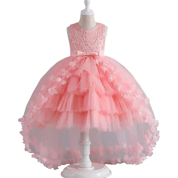 Кружевные многоуровневые нарядные платья Hi-Lo для девочек из тюля с 3D цветами, детское платье в цветочек для девочек, платье для вечеринки в честь дня рождения