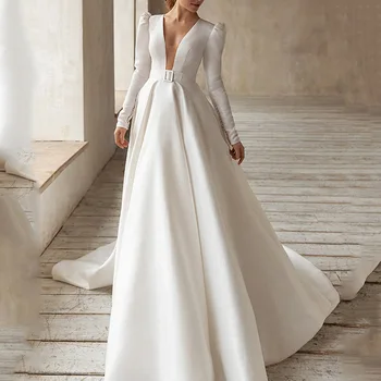 Вечернее платье Женское Белое атласное с длинным рукавом Элегантное Простое с Vобразным вырезом, плиссированное со шлейфом, Роскошное Летнее платье для выпускного вечера robes de soirée