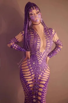На фотографии показаны сексуальные стразы, фиолетовое искусственное голое мясо, облегающее платье, одежда для выступлений, женский dsgogo