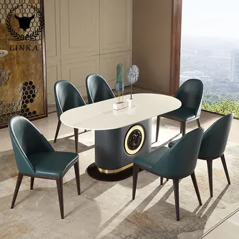 Новая комбинация обеденного стола и стула из китайского черного мрамора, небольшой бытовой овальный обеденный стол из массива дерева K2