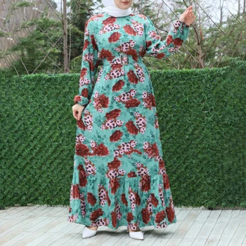 Abaya Dubai Dresses For Women 2022, Элегантное Макси-платье С Круглым воротником И Длинными Рукавами, Мусульманский Цветочный Принт, Этнические Качели, Пакистанская Одежда
