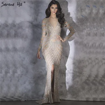 Вечерние платья Silver Dubai Mermaid Designs 2023 С длинными рукавами, расшитыми бисером и блестками, Вечернее платье Serene Hill LA6281