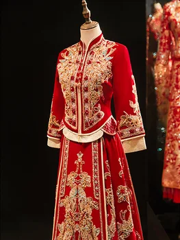 Восточное Ципао, расшитое бисером, женское велюровое платье Чонсам, Древнее традиционное китайское свадебное платье невесты, Vestidos
