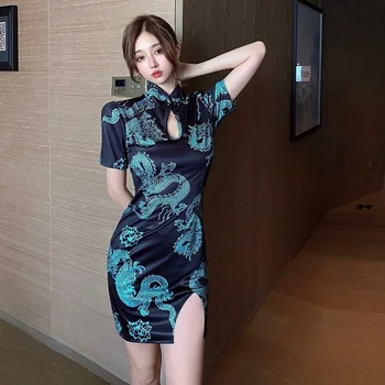 Японская одежда Cheongsam Винтажное платье Ципао в китайском стиле Женское готическое Облегающее Короткое мини-платье с высоким разрезом спереди и отверстием FF3448