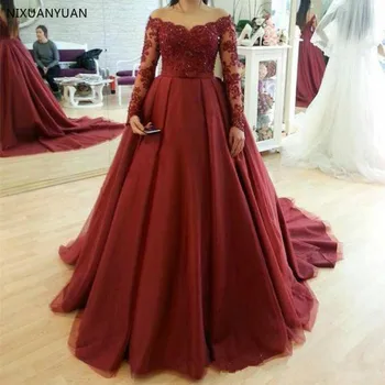 Бордовое бальное платье с открытыми плечами и длинными рукавами в готическом стиле, Свадебные платья, расшитые бисером, кружево, атлас, Красочные Арабские свадебные платья, свадьба