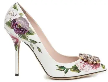 Дизайнерские Бело-розовые туфли-лодочки из натуральной кожи с розовым принтом, женские Туфли для невесты на высоком каблуке с острым носком, украшенные стразами и цветочным узором.