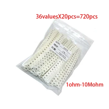 36valuesX20pcs = 720pcs 0603 Комплект SMD-резисторов 1 ом-10 Мом Ассорти Комплект 1% компонентов diy samples kit новый и оригинальный