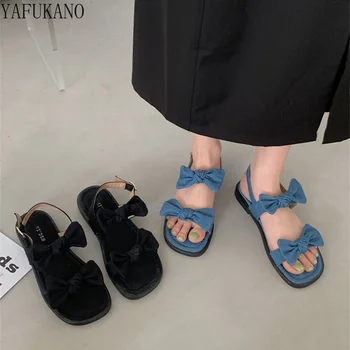 Женские сандалии на плоской подошве с бантом из джинсовой ткани, Летние модельные туфли в сказочном стиле, повседневная римская обувь в стиле ретро